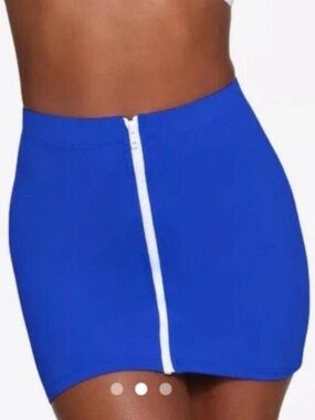 SKIMS NWT Sporty Zipper Swim Cobalt Blue Mini Skirt with White Front Zip size XS